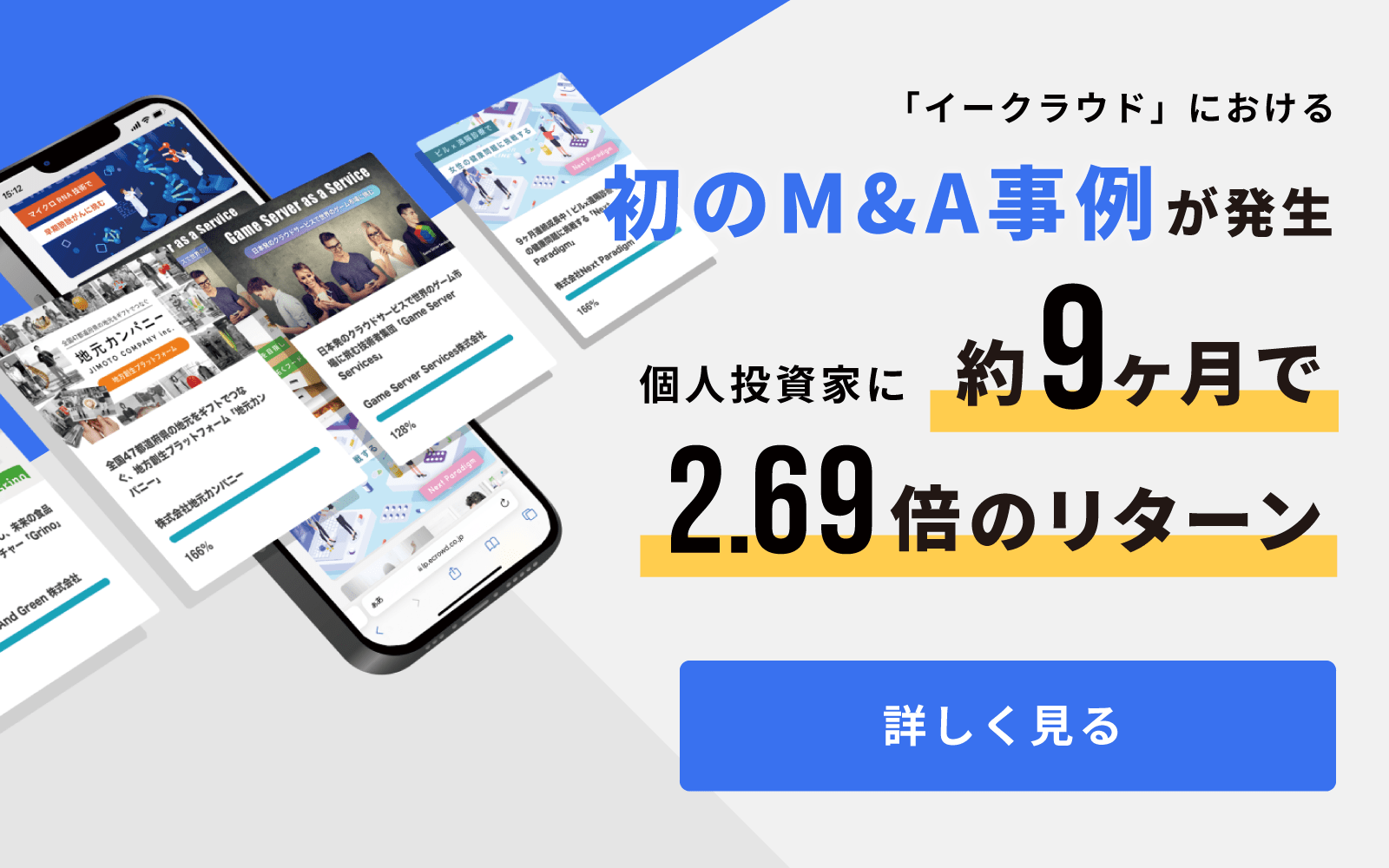イークラウドにおいて初のM&A事例が発生し、投資から約9ヶ月で個人投資家に2.69倍のリターンが発生しました